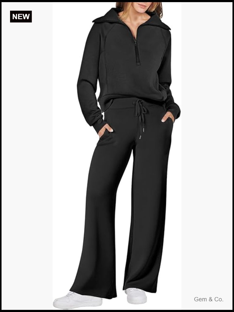 Half Zip Sweatshirt & Wide Leg Pants Lounge Set Casual Travel Outfit
